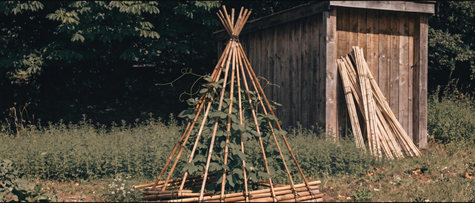 Dried bamboo canes lashed into an A-frame bean trellis in a vegetable garden with spare canes stacked nearby