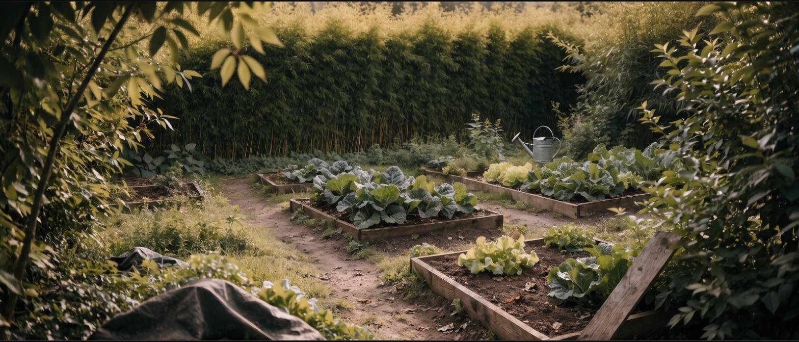 A tall green bamboo hedge forming the back boundary of a small vegetable garden with raised beds